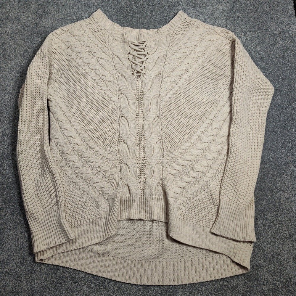 A.N.A. A New Approach Cream Cable Knit Lace Up Front Sweater Women's Size L